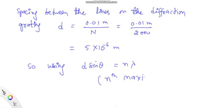 A diffraction grating has 2000 lines per centimeter